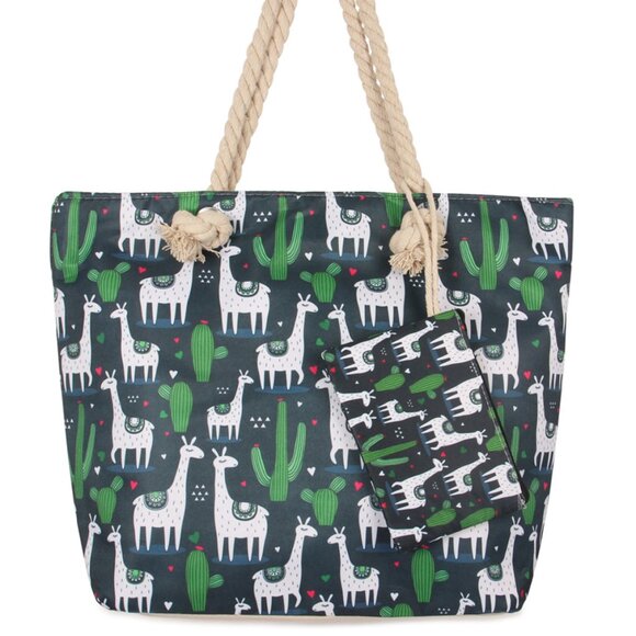 Llama & Cactus / Heart Tote & Zip Pouch/Wallet - Navy/ White/Green - NWT - Picture 2 of 9